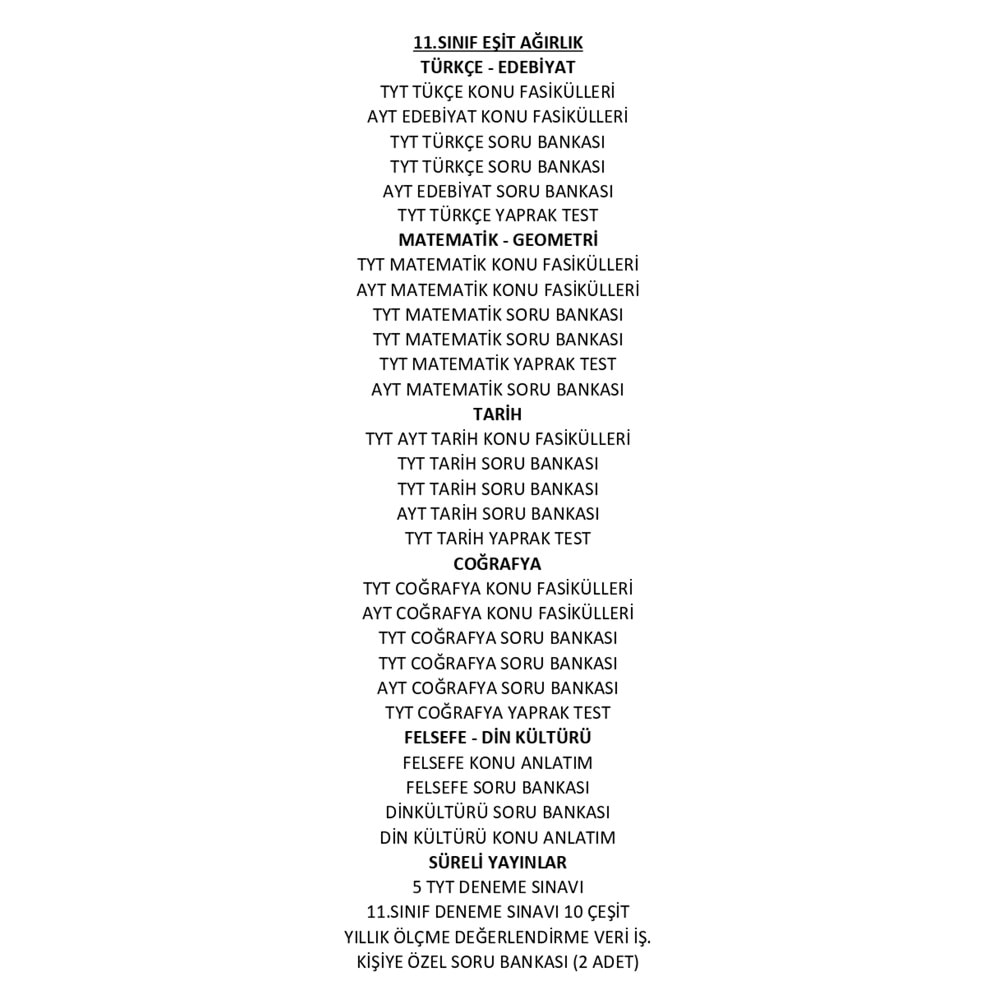 11.SINIF EŞİT AĞIRLIK EĞİTİM SETİ